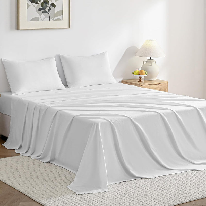 JELLYMONI Sheet Set King Size 4pcs Cotton Cream White Easy-Fit 16 Inch Deep Pocket 100% Washed Cotton Soft Breathable (1 Fitted Sheet, 1 Flat Sheet, 2 Pillowcases)