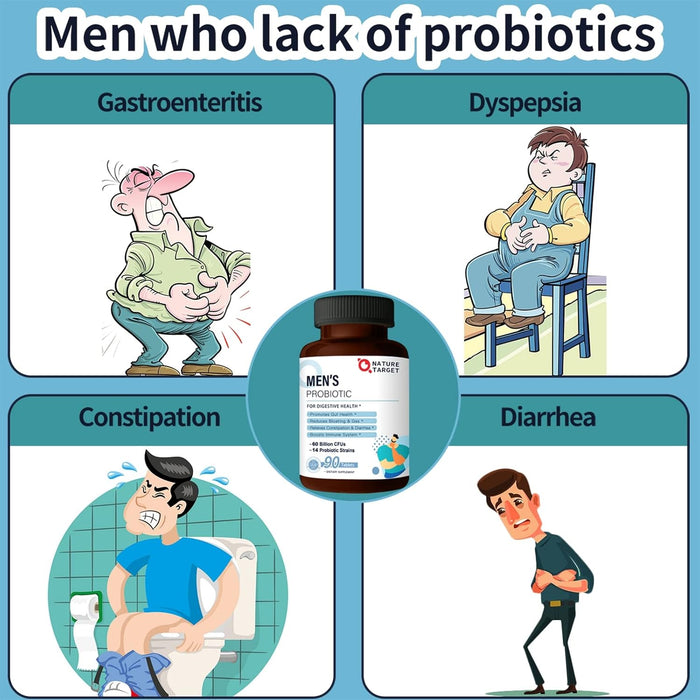 NATURE TARGET Probiotics for Men with Men Care Supplement, Prebiotics & Probiotic for Men's Digestive and Immune Health,60 Billion CFUs & 14 Strains Shelf Stable, Gluten & Soy Free (90 Tablets)