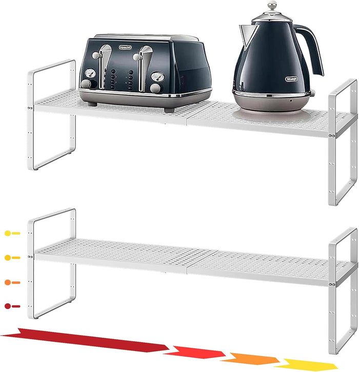 16.5~27.1" Expandable Shelf Organizer, 2Pack 8.1" Wide Stackable Cabinet Shelf Organizers, White Metal Sturdy Kitchen Counter Storage for Countertop, Adjustable Height Spice Rack
