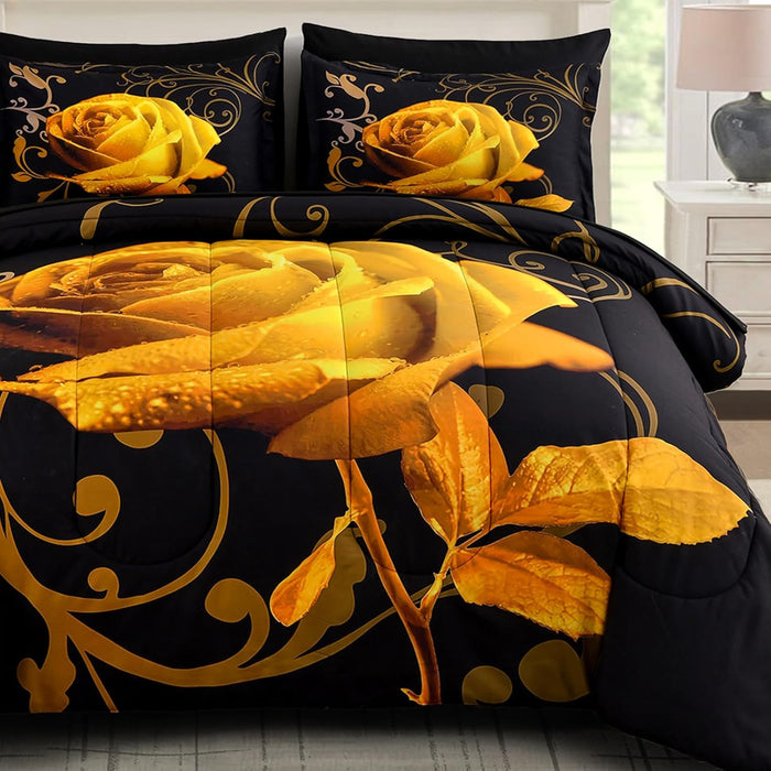WONGS BEDDING Purple Comforter Set Queen, Reversible Purple Rose 7 Pieces Bed in a Bag, Lightweight Soft Microfiber Bedding Sets with Flat Sheet, Fitted Sheet, Pillowcases & Shams