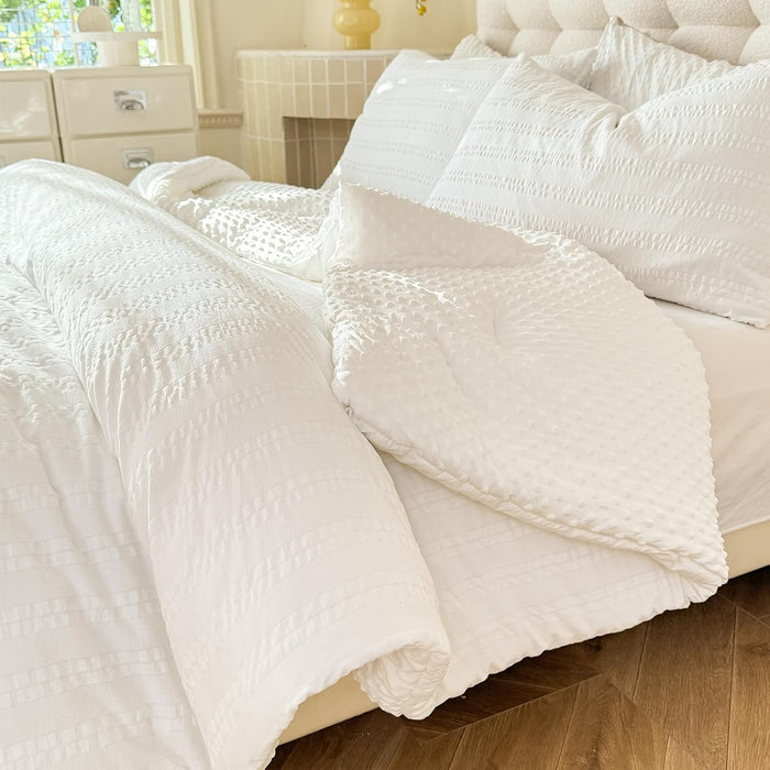 Boho Comforter Set Full Size Striped Pleats Bohemian Seersucker Bedding Set All Season Soft Cozy 3 Pieces Quilt with 2 Pillowcases(80"X90" Light Blue)