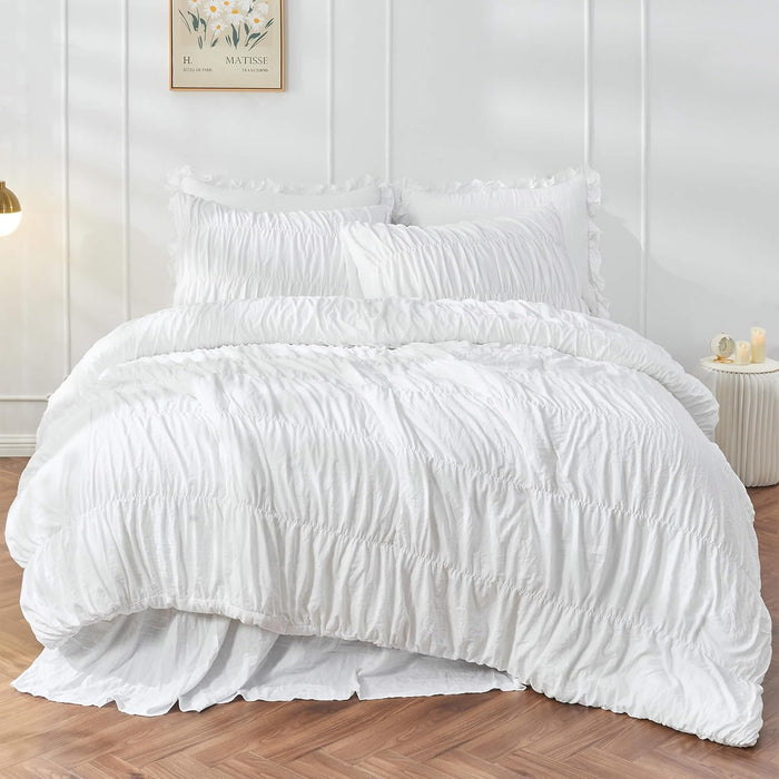 Queen Comforter Set - Ruched Comforter Queen Size Bed Set Boho Shabby Chic Bedding for Bedroom Comforter Fluffy 3 Piece Ruffle Comforter Set with Pillow White Bedding Soft