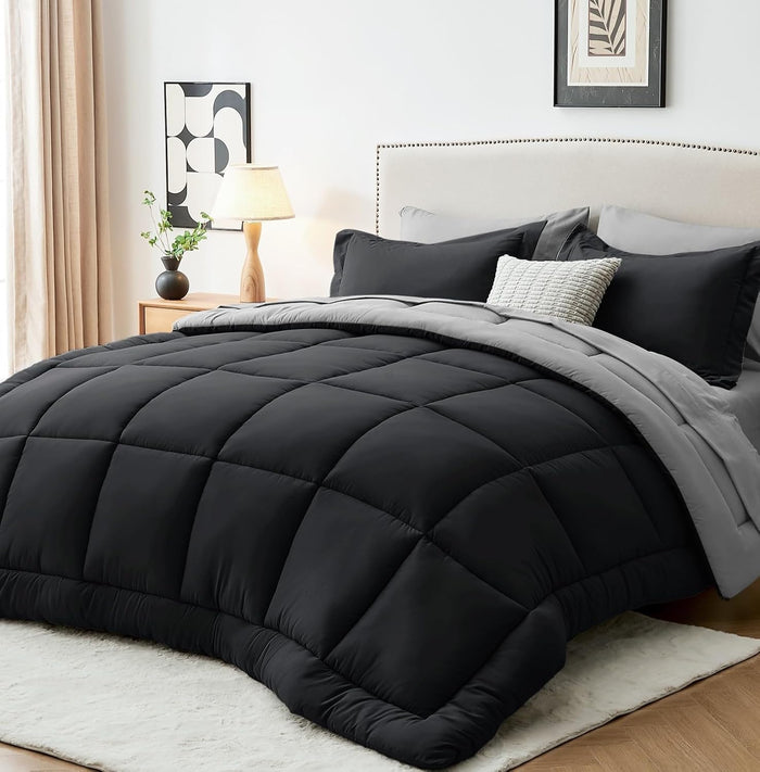 Sasttie Queen Comforter Set, 7 Pieces Bed in a Bag Queen, Complete Bedding Set Includes Grey Comforter, Flat Sheet, Fitted Sheet, Pillowcases and Pillow Shams, Dark Grey