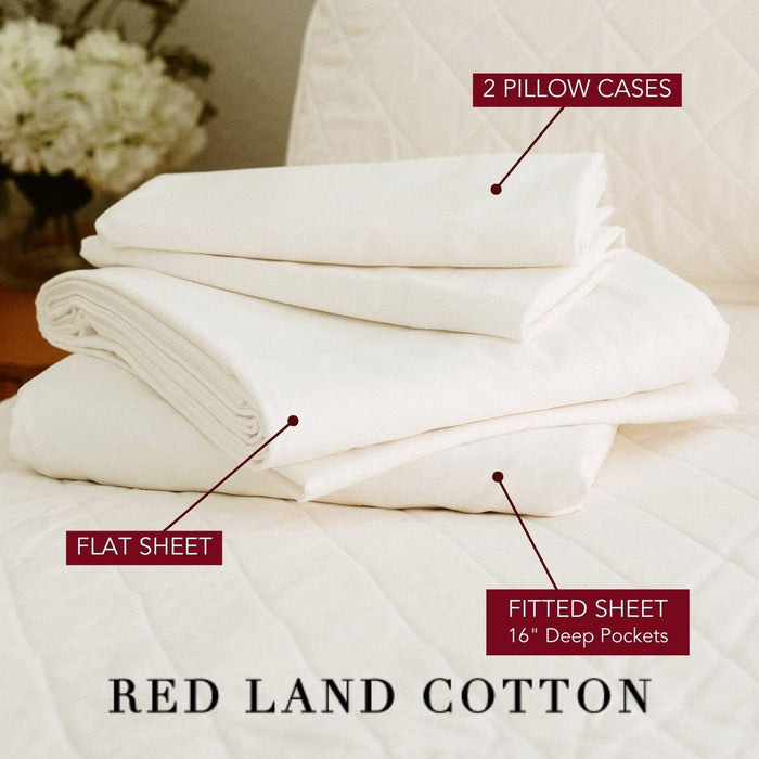 Red Land Cotton Luxury Sheet Set | 100% American Grown Cotton Basics | Premium Hotel Ultra-Soft Lightweight 4 Piece USA Made Deep Pocket Fitted Flat Sheet & pillowcases Percale Weave (Twin XL/Natural)
