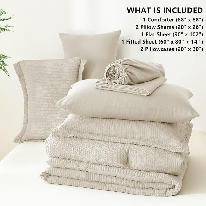 CozyLux Queen Comforter Set Beige - 7 Pieces Striped Seersucker Bed in a Bag, Soft Lightweight Boho Bedding Set with All Season Comforters Queen Size, Sheets, Pillowcases & Shams