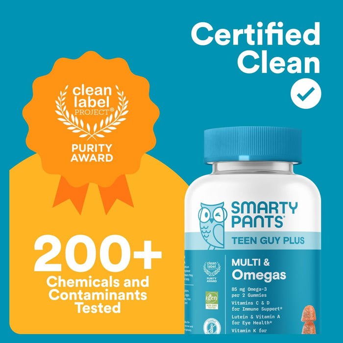 SmartyPants Teen Guy Multivitamin Gummies - Improved Formula: Omega 3 (DHA/EPA), Vitamin D3, C, Vitamin B12, B6, A, K & Zinc, Folate, Gluten Free, Fruit Flavor, 60 Count (30 Day Supply)