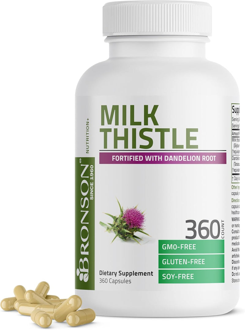 Bronson Milk Thistle Silymarin Marianum & Dandelion Root Liver Health Support, Antioxidant Support, Detox, 120 Capsules