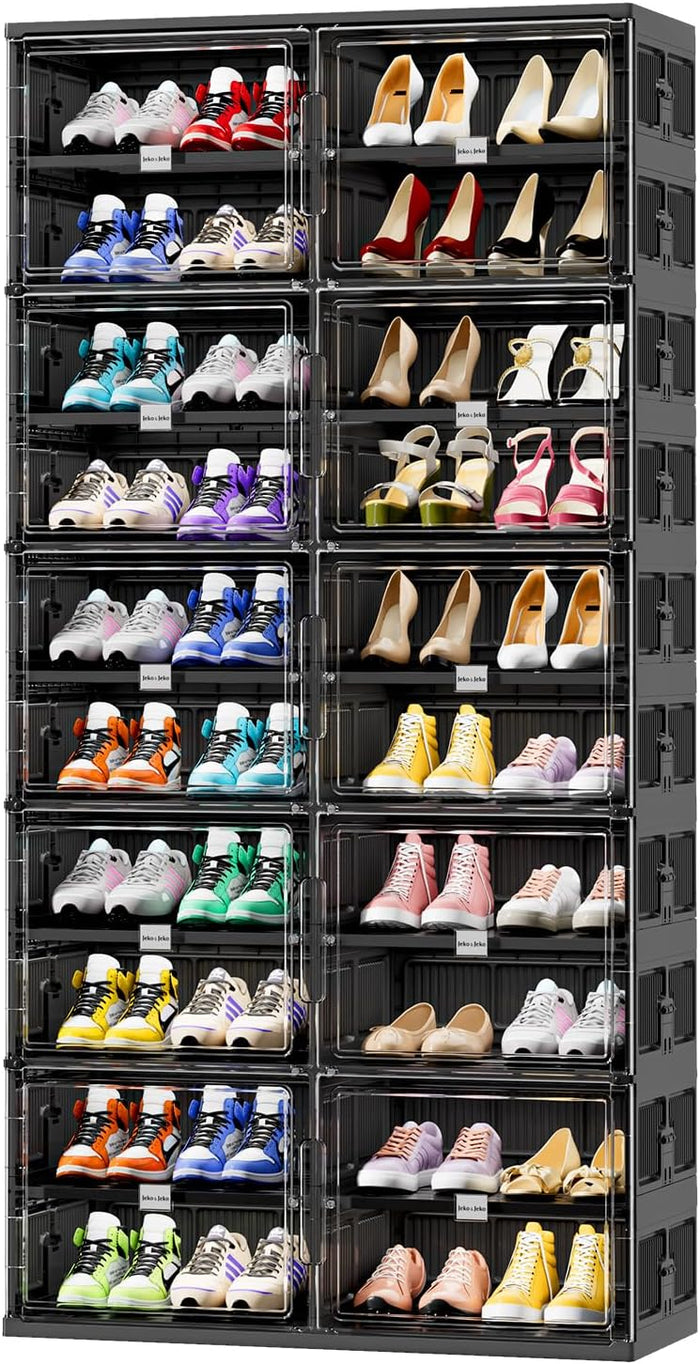 JEKO&JEKO 8 Tiers Foldable Shoe Rack Organizer Cabinet for Closet Entryway, Large Collapsible Shoe Storage Box with Magnetic Doors (Black)