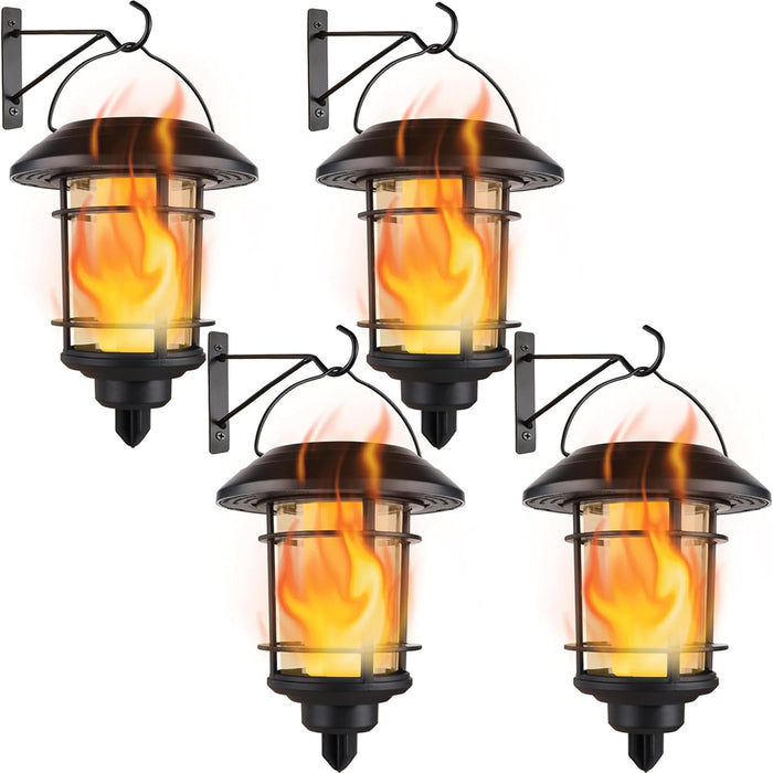 Dynaming Solar Purple Flame Wall Lanterns, Outdoor Halloween Hanging Lights, Flickering Flame LED Auto On/Off Wall Mounted Sconce Lights with Hooks, Waterproof for Garage Stair Patio Porch, 4 Pack