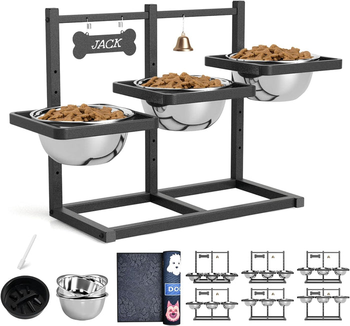 Elevated Dog Bowls with Slow Feeder - 9 Heights Adjustable Raised Dog Bowl Stand with Two 1.7L Stainless Steel Dog Food Bowls & Slow Feeder and a Nonslip Pad, Perfect for Medium Large Breed