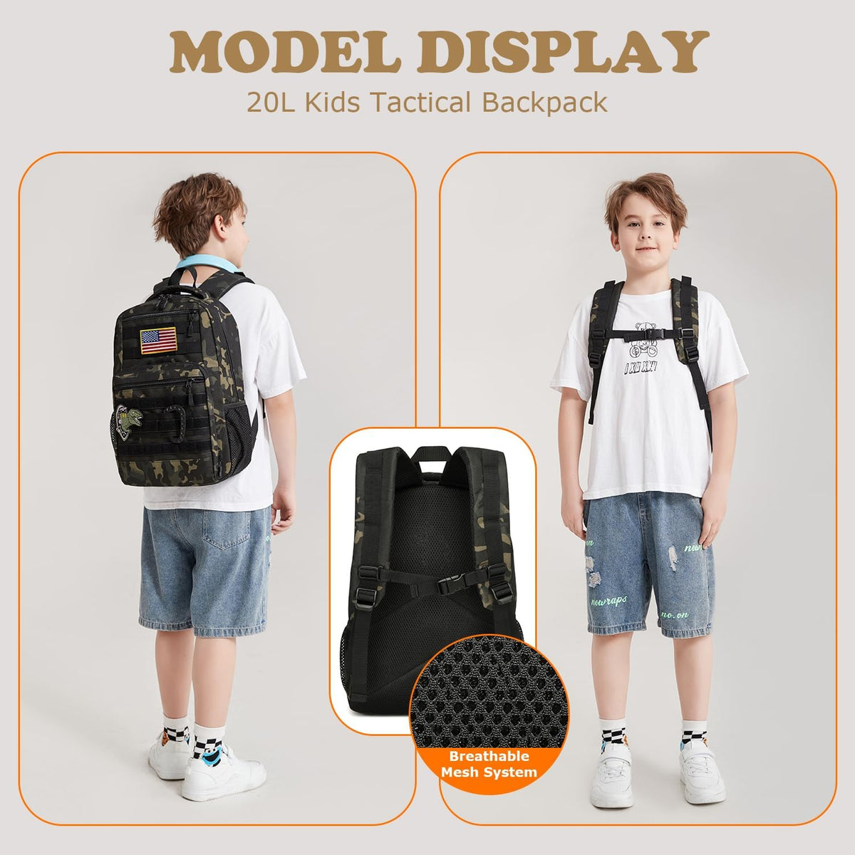 Kids tactical Backpack for Boys School Bag 20L mini Children Backpack for Outdoor Camping Travel (Black Camo)