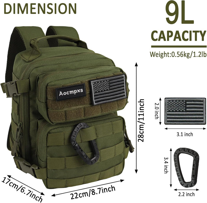 Mini Tactical Backpack, 9L Small Gym Backpacks for Men Women Molle Military Pack with US Flag Patch and Carabiner (Green)