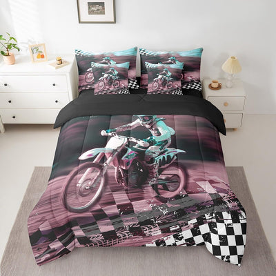 Feelyou Motocross Rider Bed Set for Kids Boys Girls Twin Size Extreme Sports 7 Pieces Beeding Set Ultra Soft Dirt Bike Bed in a Bag with Comforter, Sheets, Pillowcases Racing Themed Room Decor