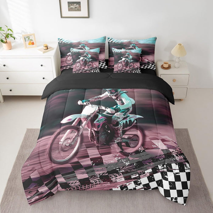 Feelyou Motocross Rider Bed Set for Kids Boys Girls Twin Size Extreme Sports 7 Pieces Beeding Set Ultra Soft Dirt Bike Bed in a Bag with Comforter, Sheets, Pillowcases Racing Themed Room Decor