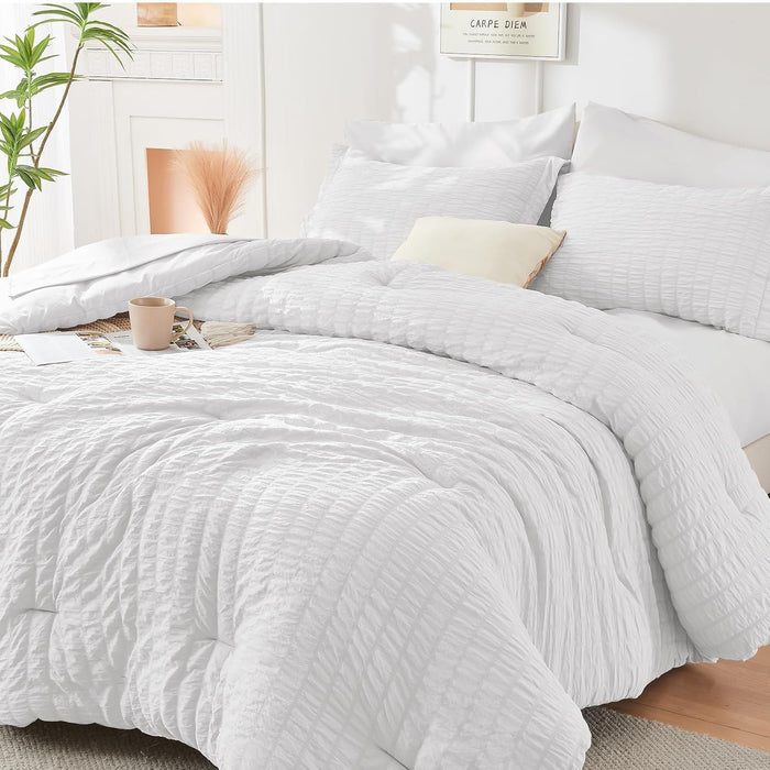 HYMOKEGE Beige Queen Comforter Set Seersucker 7 Pieces, All Season Luxury Bed in a Bag for Bedroom, Bedding Set with Comforters, Sheets, Pillowcases & Shams