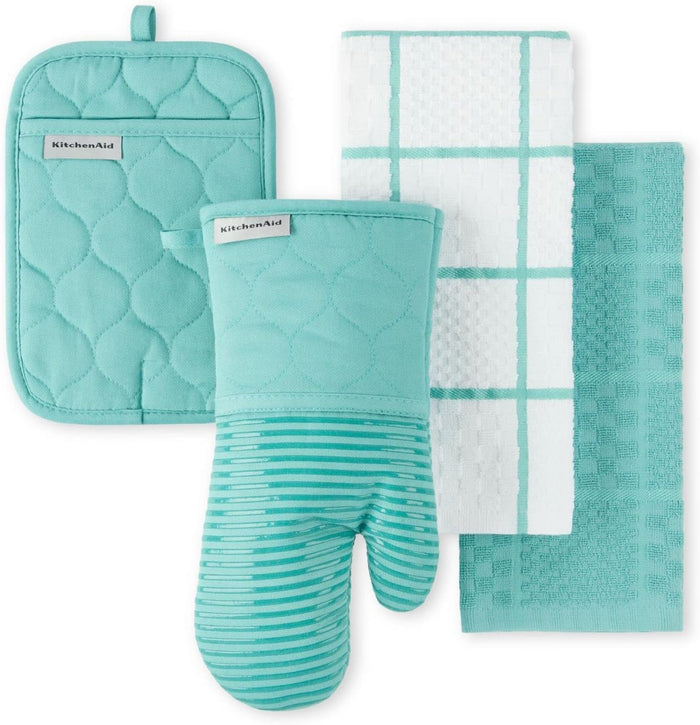 KitchenAid Quilted Cotton Terry Cloth Oven Mitt, Pot Holder, Kitchen Towel 4-Pack Set, Heat Resistant, Silicone Grip, Gift Set, Matte Black, 16"x26", 7"x13" & 7"x10"