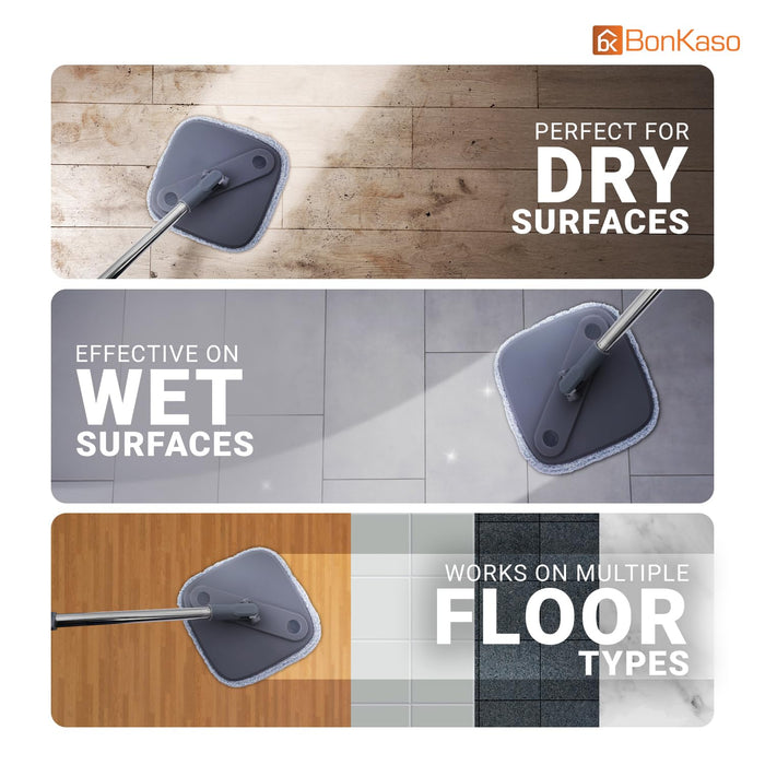 BonKaso 360° Spin Mop with Square Bucket Deluxe System Set and Reusable Microfiber Pads for Wet & Dry Glass, Wall, Tile and Home Floor Cleaning - Grey and Orange