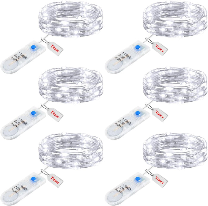 Minetom 6 Pack Fairy Lights Battery Operated String Lights with Timer - 7ft 20 LED Waterproof Silver Wire Firefly Lights Waterproof for DIY Crafts Wedding Décor Table Centerpieces Mason Jars Party