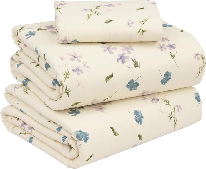 RUVANTI Flannel Sheets Full Size - 100% Cotton Double Brushed Bed Sheets Set, Deep Pockets 16 Inches, All Seasons Breathable & Extra Soft Full Sheets, Warm & Cozy, 4 Piece, Jasmine Stamp Cream