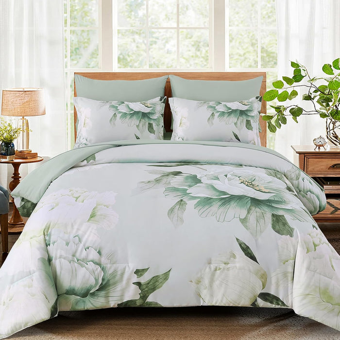 Dobuyly Pink and Grey Comforter Set Queen Size 7 Piece Bed in a Bag, Floral Printed on Gray Comforter Set with Sheets, Soft Microfiber Botanical Complete Bedding Set for All Season