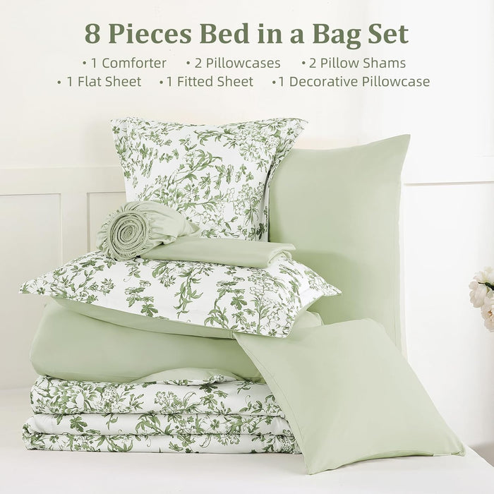 WONGS BEDDING 8 Pieces Queen Size Comforter Set Green, Sage Green Floral Bed in a Bag Comforter Sets, Soft Reversible Botanical Flowers Bedding Sets for All Season (90"x90")