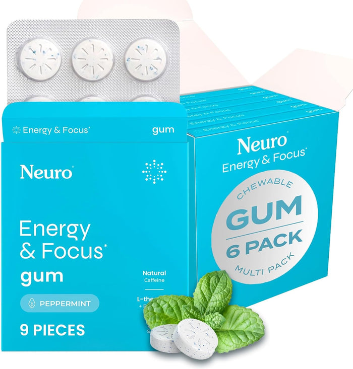 NeuroGum Energy & Focus Gum (54 Count-6 Pack, Spearmint) | 40mg Natural Caffeine + L-Theanine + Vitamin B12 & B6 + Xylitol | Sugar Free Nootropic Cognitive Brain Performance Supplement