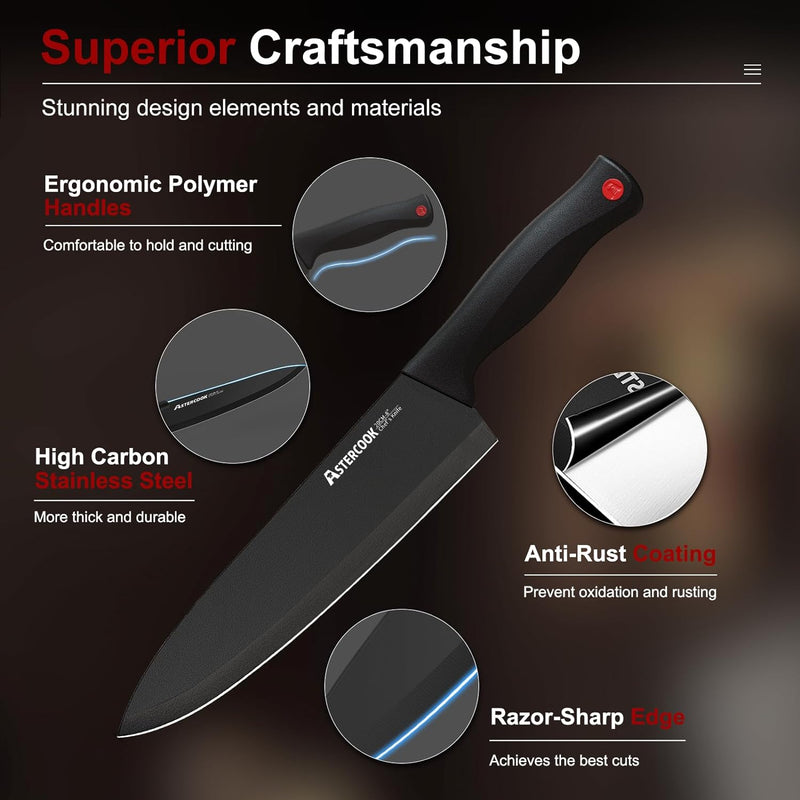 Astercook 15 Piece Knife Set with Sharpener Block - German Stainless Steel, Dishwasher Safe Kitchen Knives with Built-In Sharpener, Black