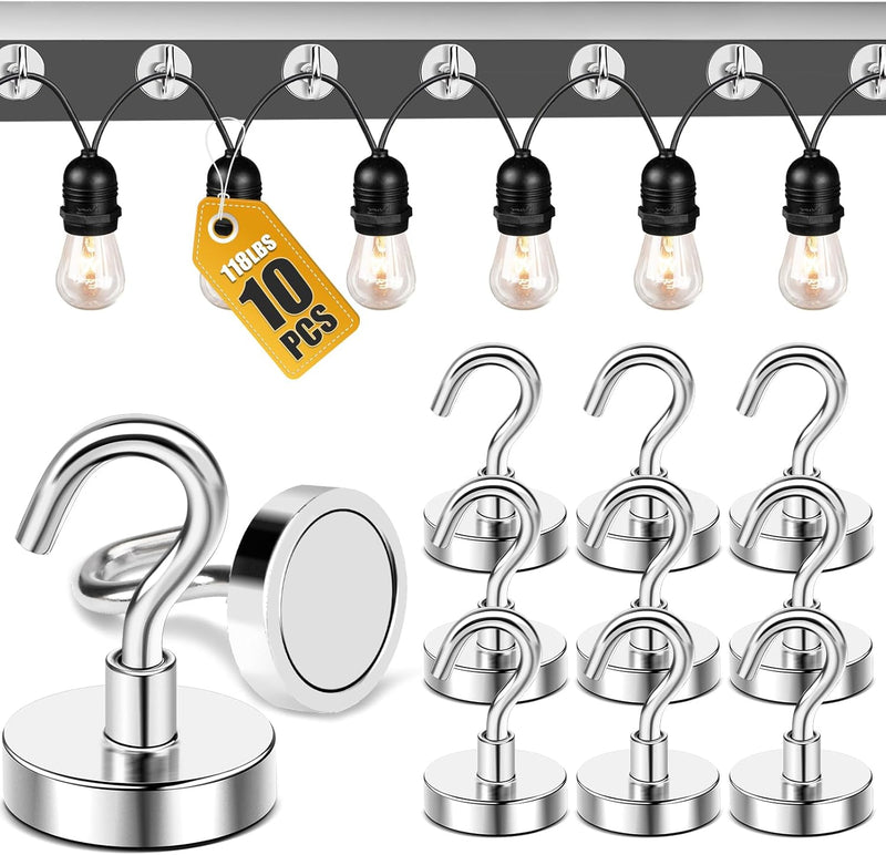 DIYMAG Hooks for Hanging String Lights, 30lbs 2025 Cruise Cabin Ship Essentials N52 Magnetic Hook Heavy Duty Strong Magnets Fridge for Classroom Beach Vacation Kitchen Grills 6 Pack Silver
