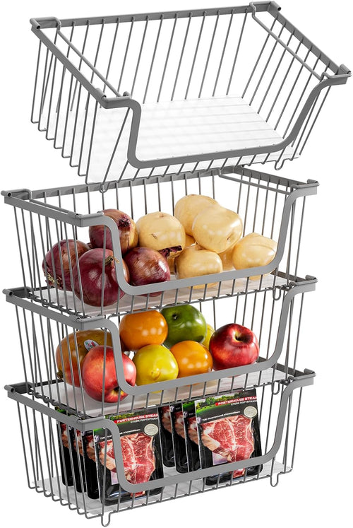 4 Pcs Stackable Wire Baskets for Pantry Organizers and Storage,Vegetable Fruit Basket for Countertop,Kitchen Storage Metal Baskets,Produce Potato Onion Storage Bin,Black