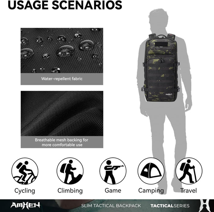 Tactical Backpack Military Slim Army Bag Molle Daypack 20L Outdoors Hiking Camping Travel EDC Pack with Multiple Pockets Waterproof for Men (Black Camo)