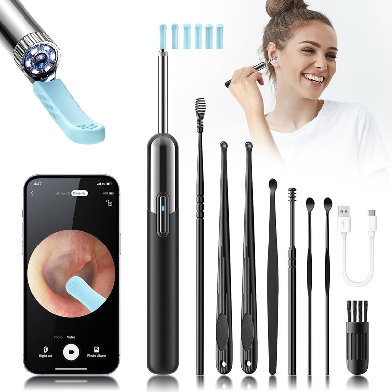 Ear Wax Removal Tool Camera - 3 in 1 Wireless WiFi Rechargeable Ear Cleaner with Camera, 1080P HD Ear Camera & 7 Pcs Ear Set, Ear Cleaning Kit with 15 Replacement Tips, Black