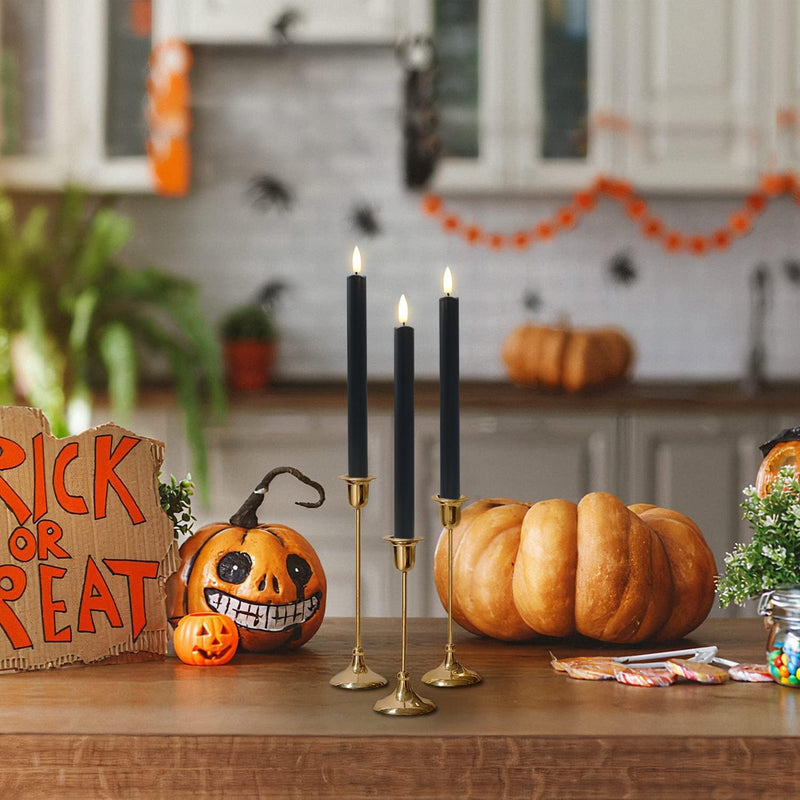 Black Flameless Taper Candles with Remote - 10 Inch LED Candlesticks Flickering, Realistic 3D Flame with Wick, Warm White Light, Home Halloween Decor, Automatic Timer - Set of 6