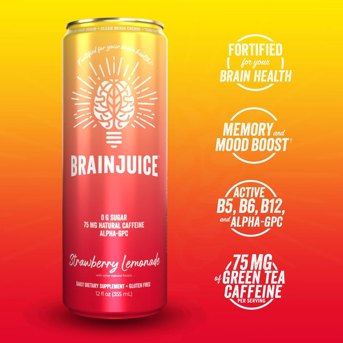 Brainjuice Brain Health Support Drink for Energy & Focus, Vitamin C, B5, B6 & B12, L Theanine, Alpha GPC & Natural Caffeine From Green Tea, Vegan, Gluten Free, Strawberry Lemonade, 12 Oz Can, 6 Pack