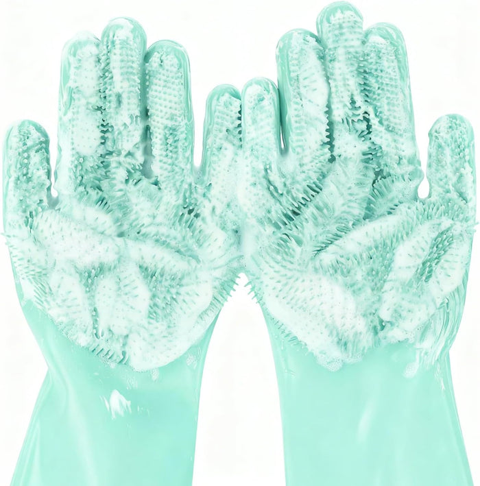 Pecute Pet Grooming Gloves - Heat Resistant Silicone Gloves with High-Density Teeth, Enhanced Five Finger Design for Bathing and Massaging Dogs and Cats, Blue