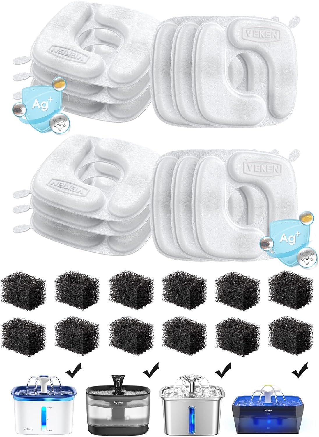 Veken Cat Water Fountain Filters, 8 Pack Replacement Filters & 8 Pack Replacement Pre-Filter Sponges Set for 50oz, 84oz, 95oz Automatic Pet Fountain Dog Water Dispenser