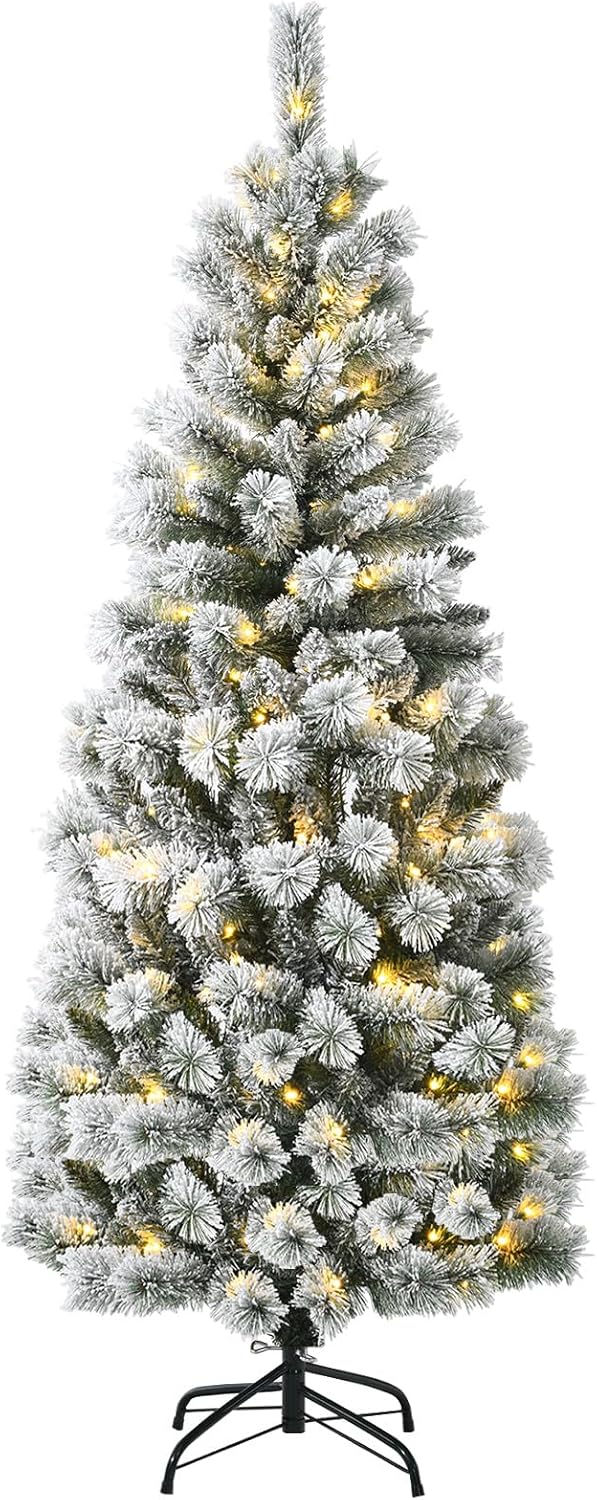 DORTALA Pre-lit Christmas Tree, 5FT Snow Flocked Pine Artificial Xmas Tree with Remote Control, 279 Branch Tips, 140 LED Lights, 9 Lighting Modes, Foldable Metal Stand, White