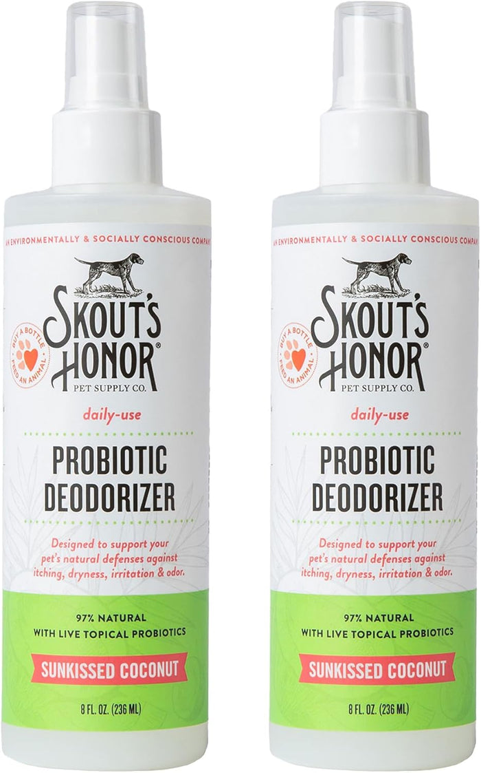 SKOUT'S HONOR Probiotic Pet Deodorizer Spray- Hydrating Daily-Use with Avocado Oil & Omega-3s, Microbiome Friendly Certiified, Paraben & Sulfate-Free, 97% Natural, 8oz, Sunkissed Coconut