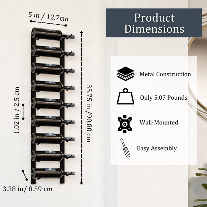 9-Bottle Black Metal Wall Mounted Wine Rack – Modern Industrial Wine Bottle Storage Organizer for Home Bar, Kitchen, Dining Area & Wine Cellar