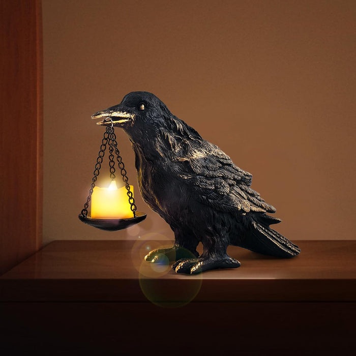Halloween Decorations Indoor Gothic Home Decor Raven Lamp Tealight Holder for Bedroom Fake Crow Candle Holder Halloween Table Decorations Black