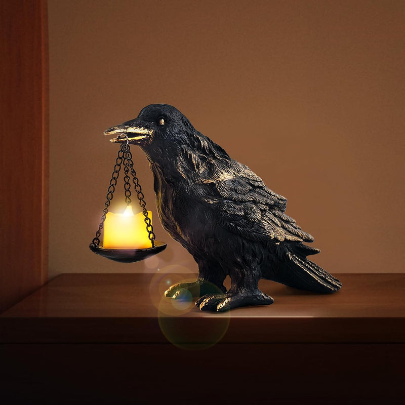 Halloween Decorations Indoor Gothic Home Decor Raven Lamp Tealight Holder for Bedroom Fake Crow Candle Holder Halloween Table Decorations Black