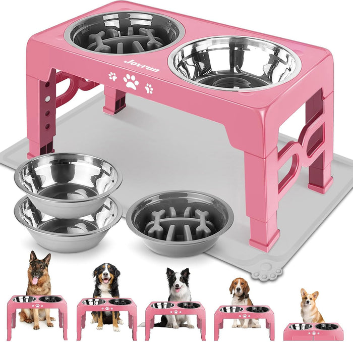 Elevated Dog Bowls, Dog Feeder with 2 Stainless Steel Dishes &1 Slow Feeder Bowl, 5 Heights Adjustable Raised Stand for Medium Large, Food Dishes with Non-Slip Feet