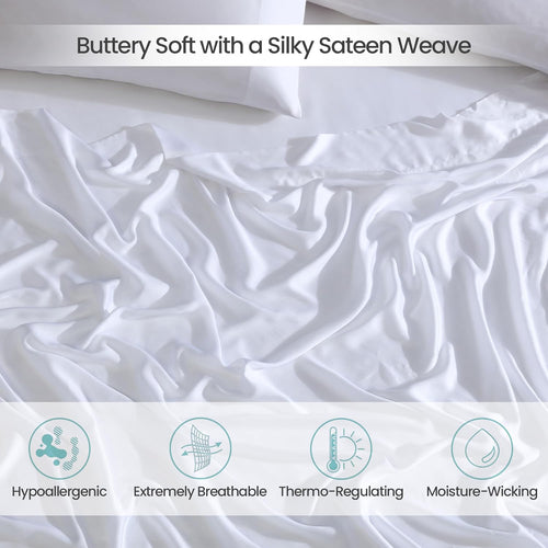 100% Eucalyptus Tencel Lyocell Sheet Set, Silky Soft & Smooth Cooling Sheets for All-Season, Sustainably Made, Moisture-Wicking, Hypoallergenic - Queen, White