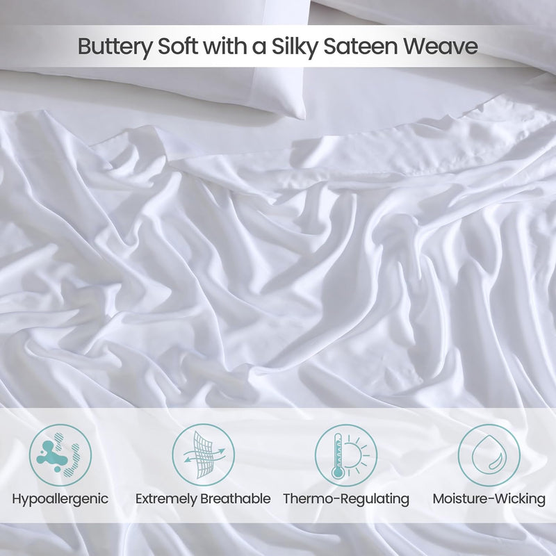 100% Eucalyptus Tencel Lyocell Sheet Set, Silky Soft & Smooth Cooling Sheets for All-Season, Sustainably Made, Moisture-Wicking, Hypoallergenic - Queen, White