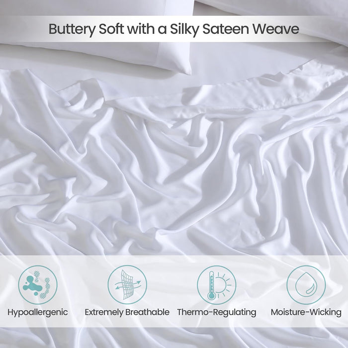 100% Eucalyptus Tencel Lyocell Sheet Set, Silky Soft & Smooth Cooling Sheets for All-Season, Sustainably Made, Moisture-Wicking, Hypoallergenic - Queen, White