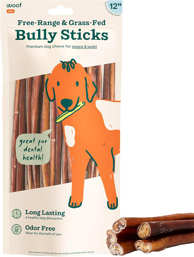 WOOF Bully Sticks Dog Treats - Chew Sticks for Dogs - Long-Lasting Dog Chew Treats - Made with Free-Range, Grass-Fed Beef - 6" Sticks - 25pk