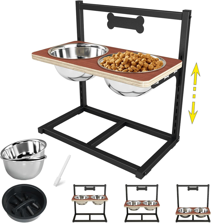 Elevated Dog Bowls with Slow Feeder - 9 Heights Adjustable Raised Dog Bowl Stand with Two 1.7L Stainless Steel Dog Food Bowls & Slow Feeder and a Nonslip Pad, Perfect for Medium Large Breed