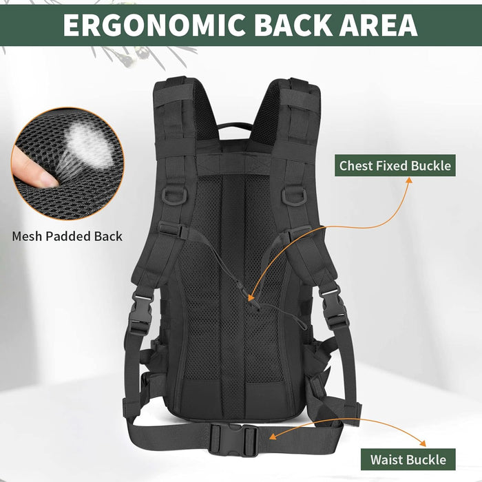 CamGo Military Tactical Backpack 25L MOLLE Hiking Daypack Trekking Rucksack Bug Out Bag for Daily Outdoor Sports(Black-25L)
