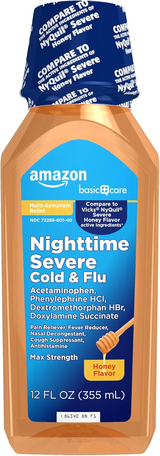 Amazon Basic Care Night Time Cold & Flu Liquid, Cherry, 12 fl oz (Pack of 1)