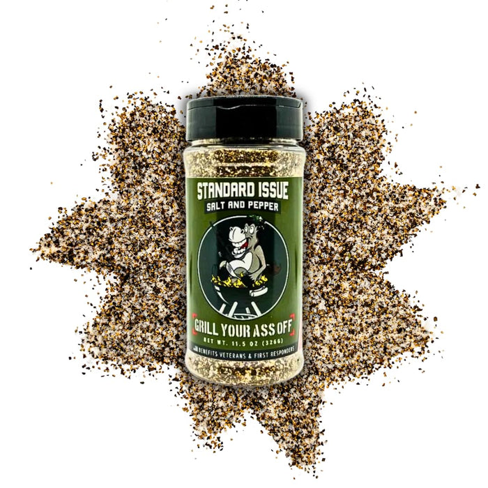 Grill Your As* Off Standard Issue Salt & Pepper – 11.5oz Gourmet Blend for Meat, Poultry, Seafood, Pasta & Veggies – Ideal for Marinating & Cooking – USA Made & Veteran Owned
