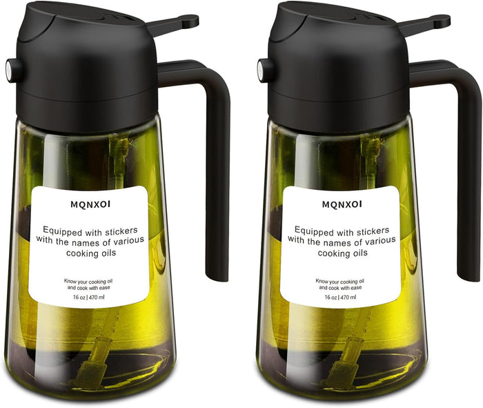 2 in 1 Glass Oil Sprayer & Dispenser,16oz/470ml Olive Cooking, Air Fryer, and Salad, for Kitchen Gadgets and Air Fryer Accessories, w/Stickers (Black)
